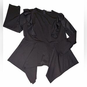 Chic Black Fitted Top with Back Zipper, Ruffled Trim, Handkerchief Hem Line